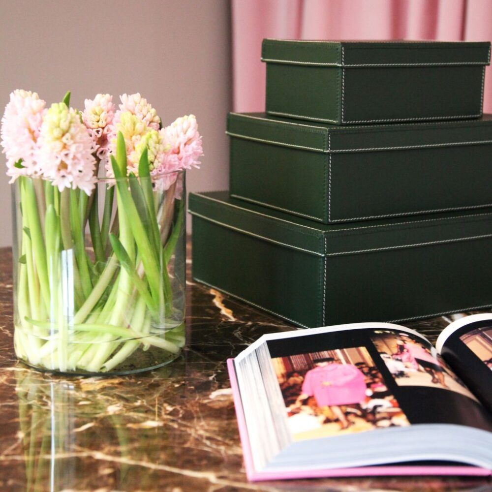 storage boxes-in-leather-in-racing-green-on-table-orskov